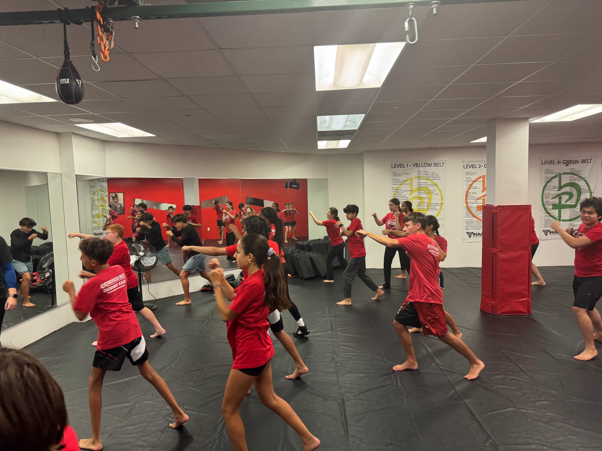Teen students practicing punches during a self-defense and fitness class in Bethesda, Maryland.